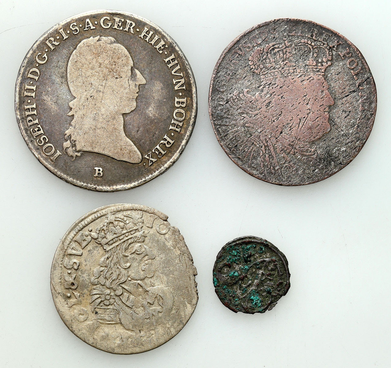 Polska - denar bez daty, ort 1754, szóstak 1762 i Austria. 1/4 talara 1789, zestaw 4 monet
